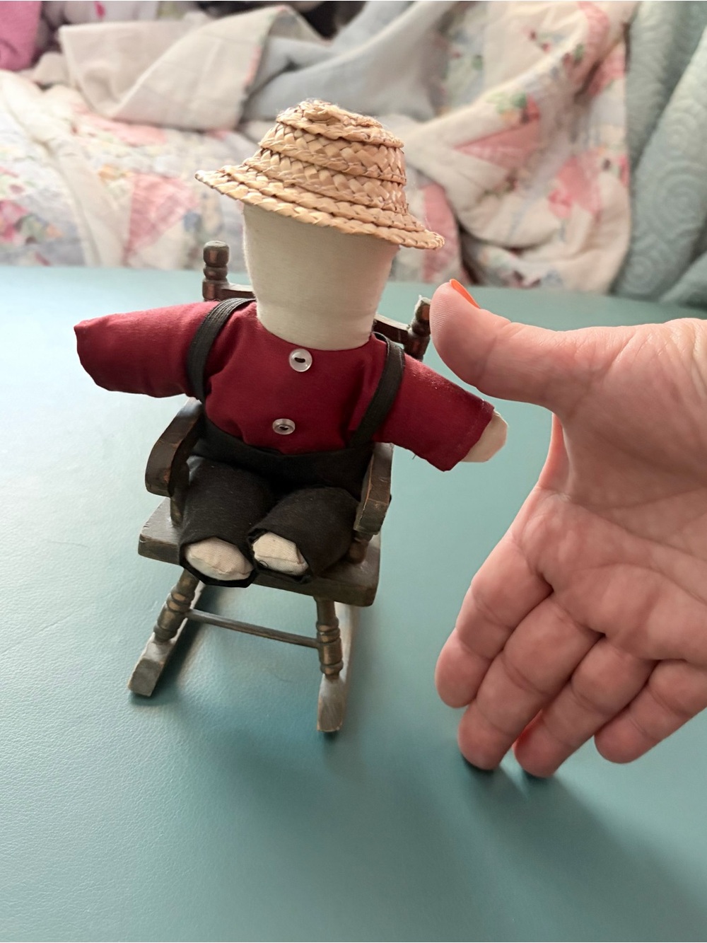 Amish Farmer Doll in Red Shirt with Straw Hat